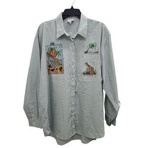 Circus Circus Woman's Vintage Green White Stripe Safari Embroidery Shirt Plus 2X